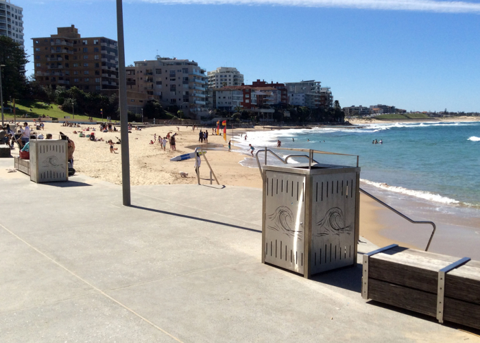 Cronulla Beach Street Furniture Australia Frame Bin Enclosure 240l In Stainless 316 With Tailored Laser Cut Panels