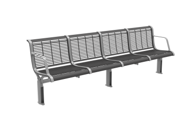 Three-seat metal bench with slatted backrests and curved armrests, suitable for outdoor public spaces