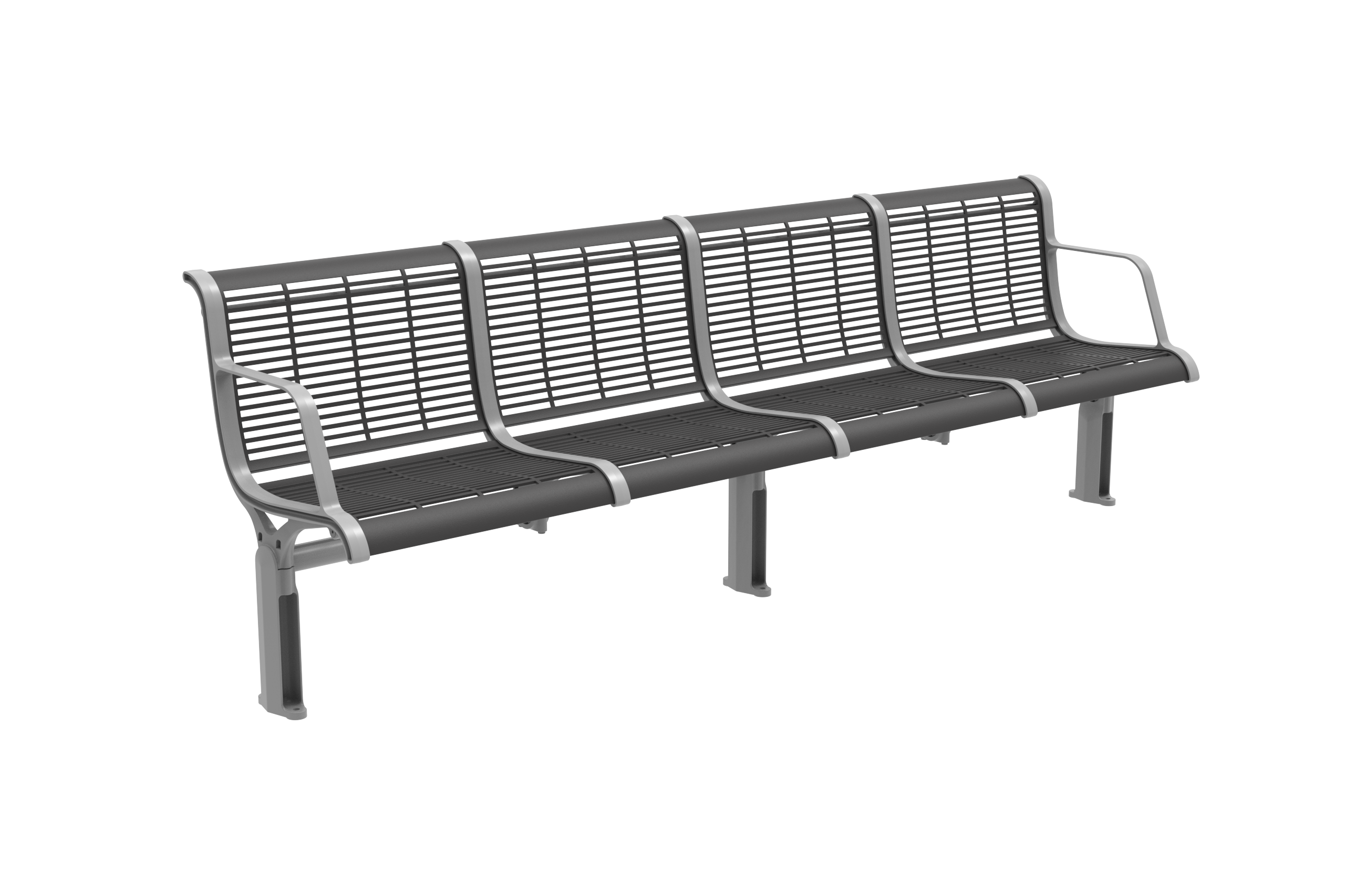 Concourse Seat_Street Furniture Australia_01 - Street Furniture Australia Three-seat metal bench with slatted backrests and curved armrests, suitable for outdoor public spaces