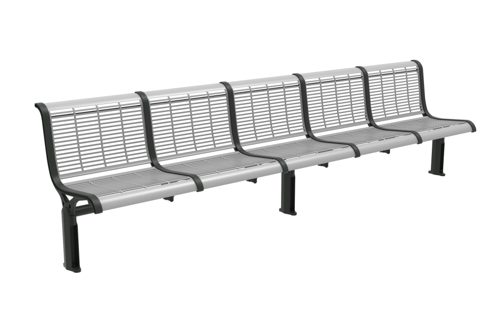 Concourse Seat_Street Furniture Australia_02 - Street Furniture Australia Long outdoor metal bench with five connected seats, gray mesh back and seat, and curved armrests.