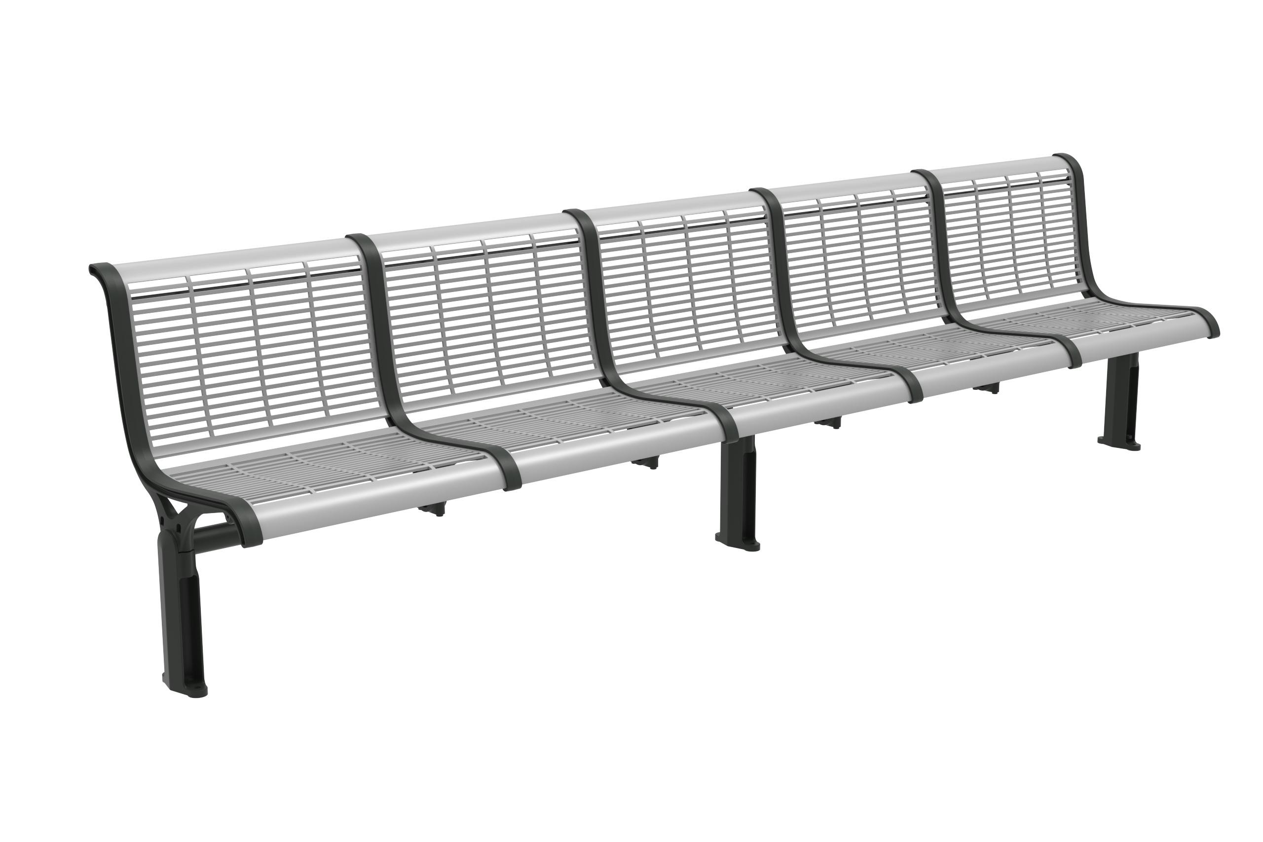Concourse Seat_Street Furniture Australia_02 - Street Furniture Australia Long outdoor metal bench with five connected seats, gray mesh back and seat, and curved armrests.