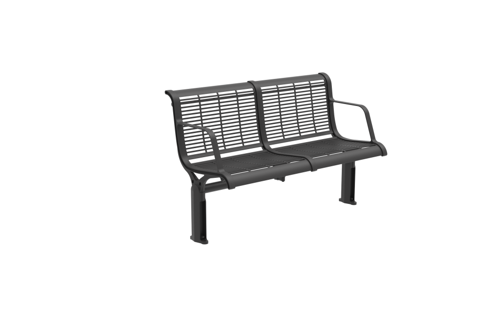 Concourse Seat_Street Furniture Australia_03 - Street Furniture Australia Outdoor black metal slatted bench with curved armrests and a perforated seat, mounted on a post-base structure.