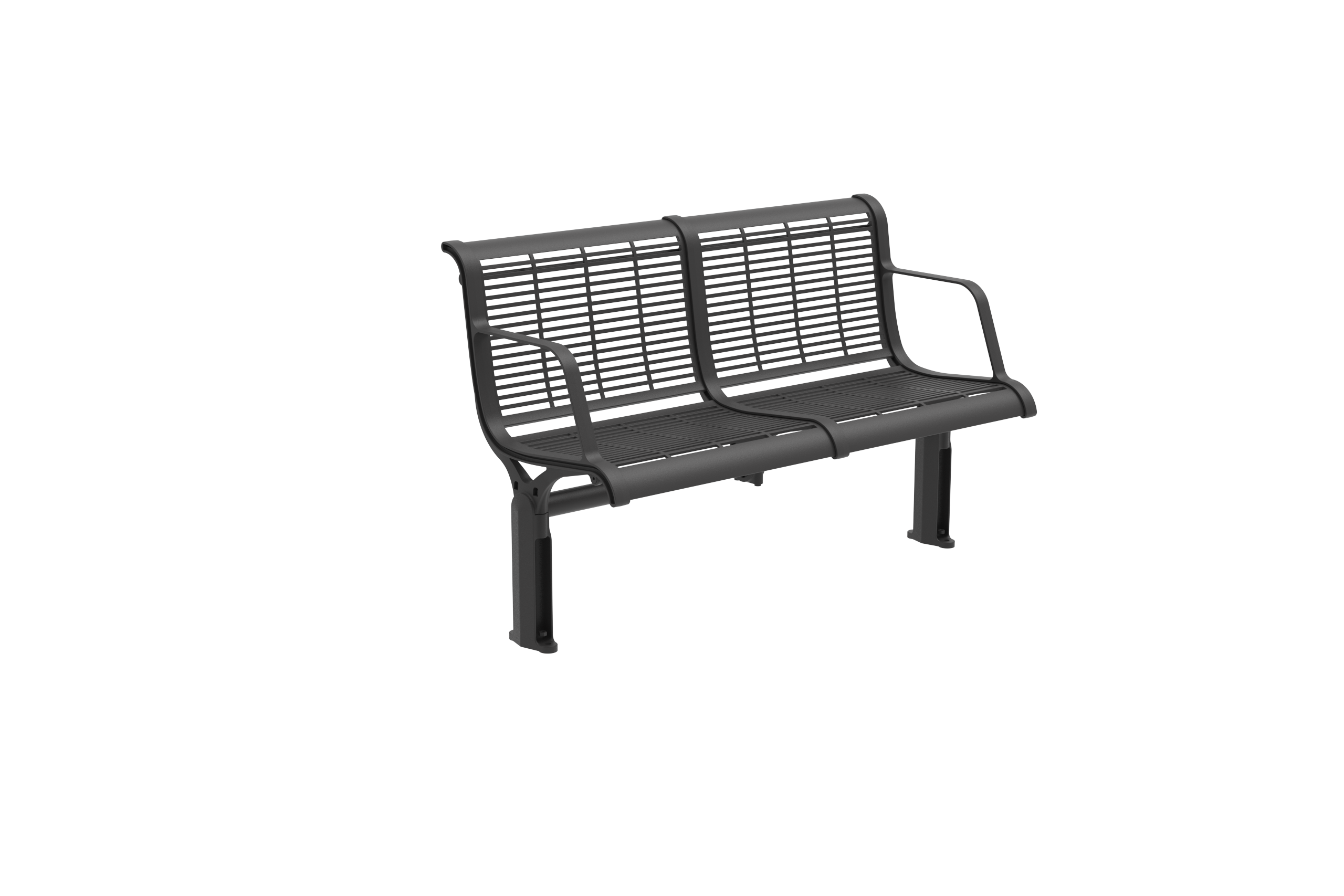 Concourse Seat_Street Furniture Australia_03 - Street Furniture Australia Outdoor black metal slatted bench with curved armrests and a perforated seat, mounted on a post-base structure.
