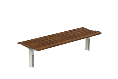 Wooden slatted bench with gray metal legs, shown from a low angle, outdoor seating furniture.