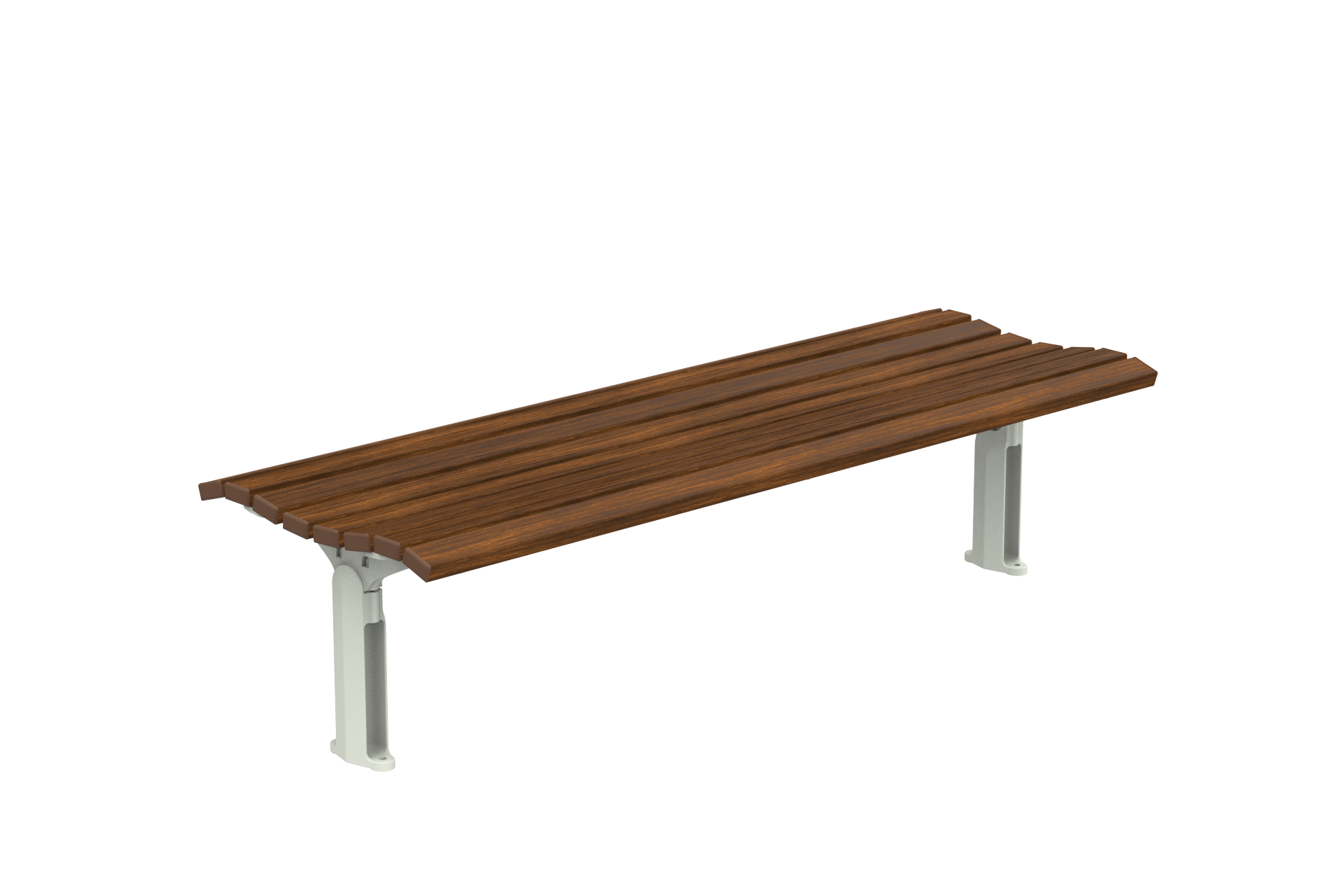 Wooden slatted bench with gray metal legs, shown from a low angle, outdoor seating furniture.