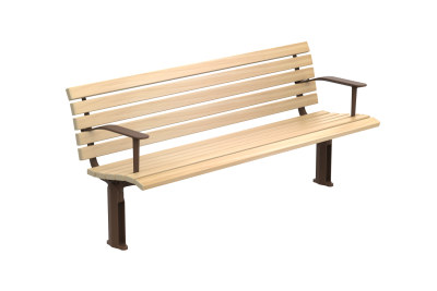 Wooden slat park bench with brown metal legs and armrests, angled to the right.