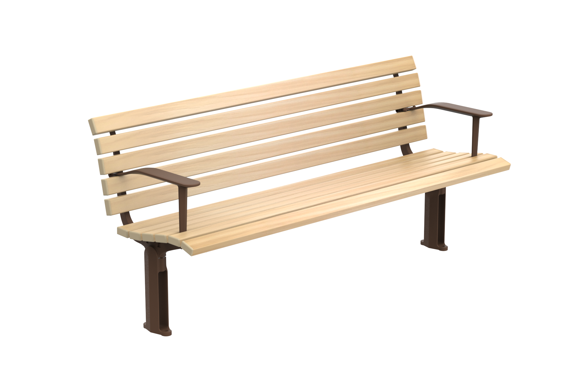 Mall Seat Hero_Street Furniture Australia - Street Furniture Australia Wooden slat park bench with brown metal legs and armrests, angled to the right.