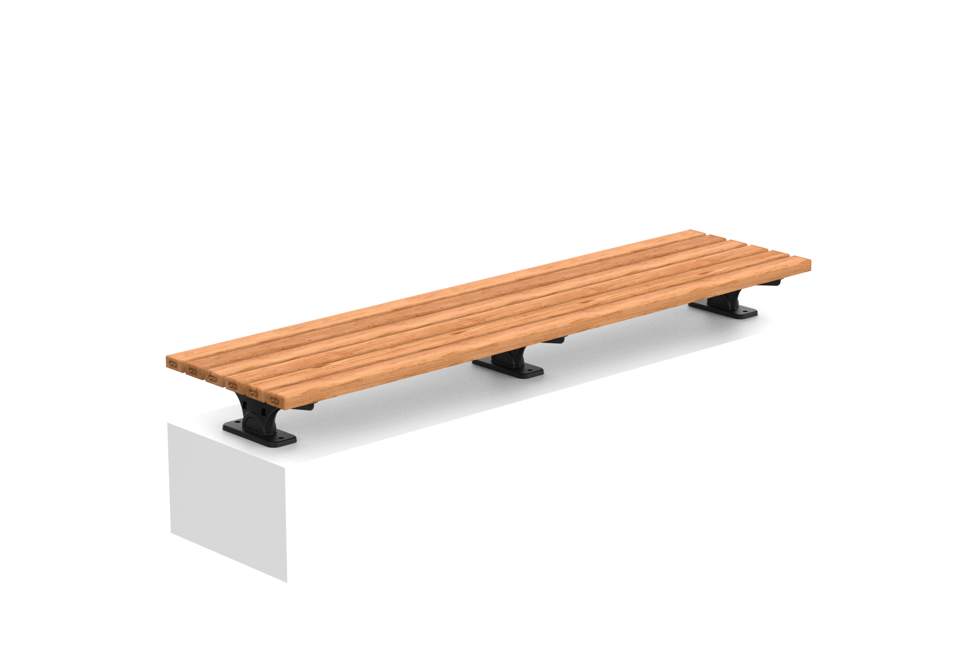 Long wooden slat bench on black metal mounts resting on a white display plinth.