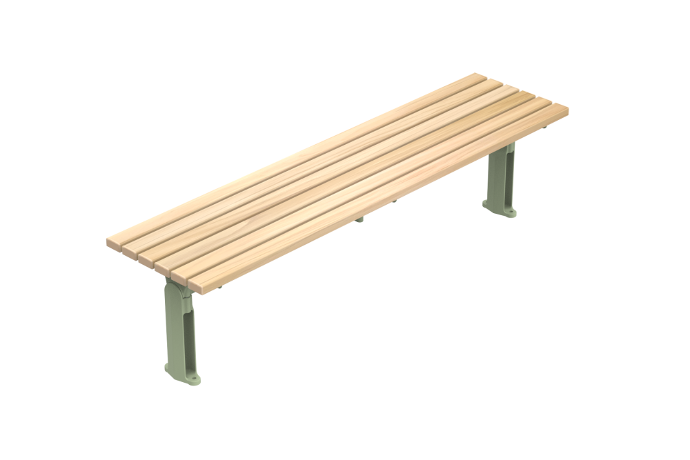 Long wooden slat bench with green metal legs, photographed from an angled side view in a bright setting.