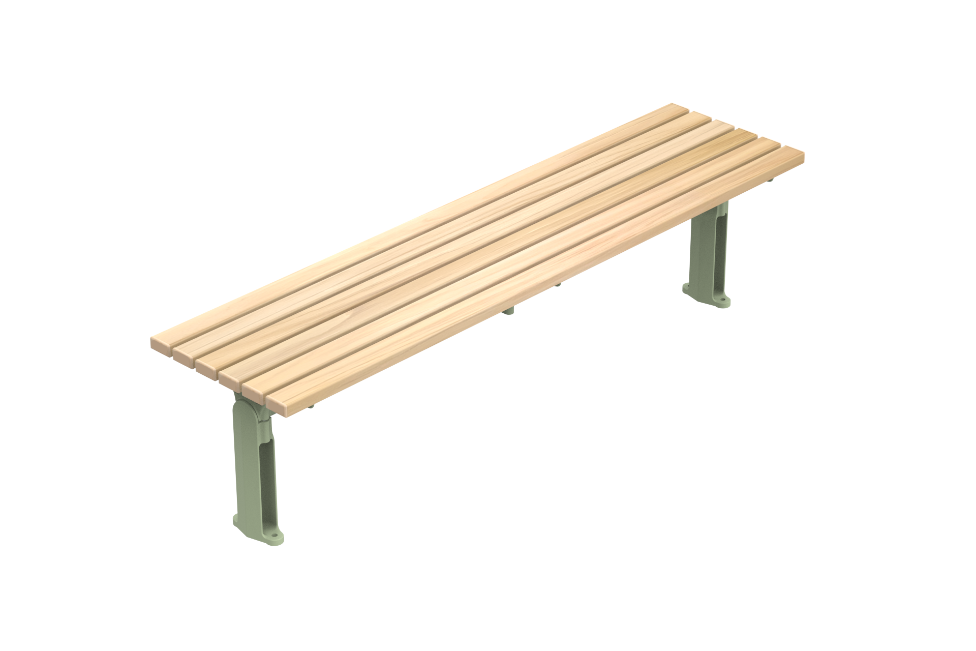 Long wooden slat bench with green metal legs, photographed from an angled side view in a bright setting.