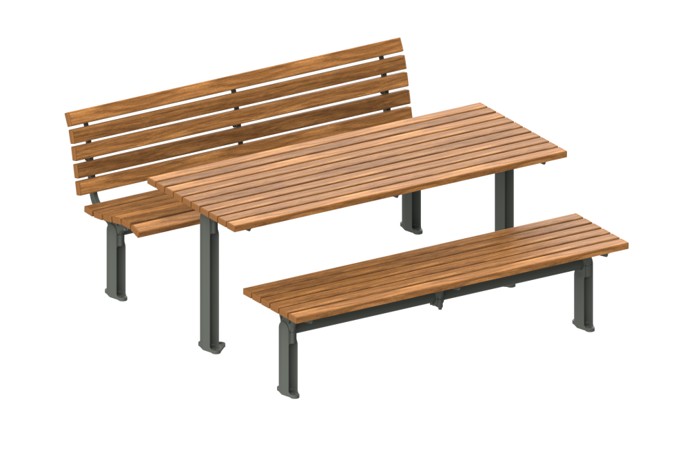 Wooden slatted outdoor bench with a backrest and attached slatted table, supported by gray metal legs and frame, isolated on white background.