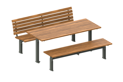 Wooden slatted outdoor bench with a backrest and attached slatted table, supported by gray metal legs and frame, isolated on white background.
