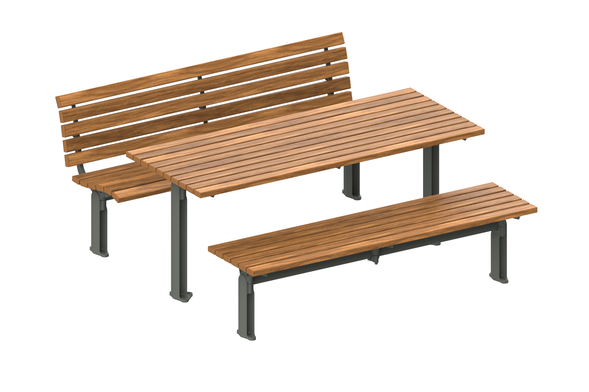 Wooden slatted outdoor bench with a backrest and attached slatted table, supported by gray metal legs and frame, isolated on white background.