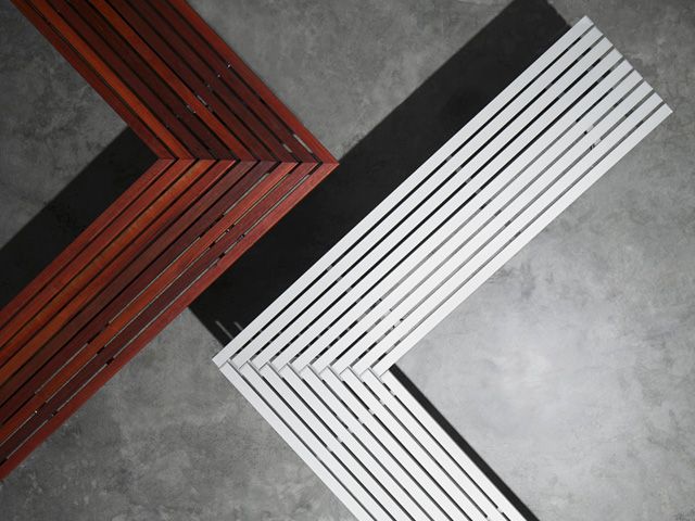 Galleria Mitred Slim Bench CMG-M8 in eco-certified Jarrah (left) and anodised aluminium (right) battens