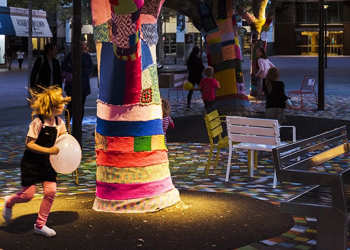 Lighting and yarn bombing makes #BackyardExperiment feel safe at night. Photo: Jackie Chan, WE-EF