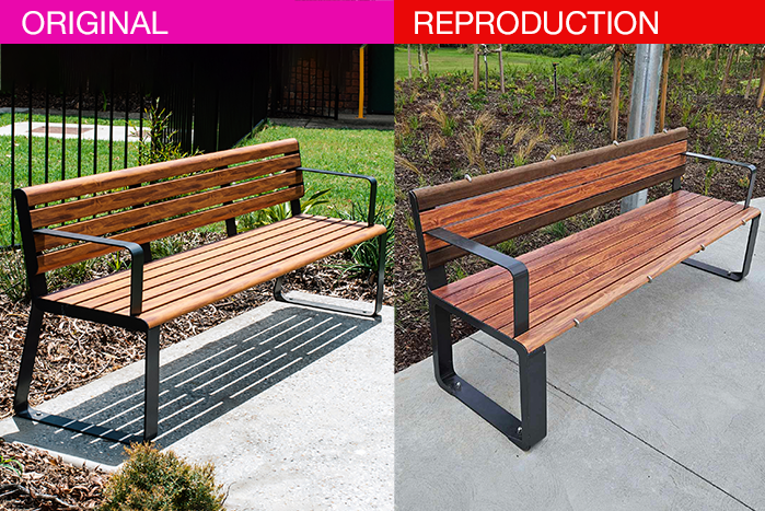 Side by side, original Linea by Street Furniture Australia, and a reproduction.