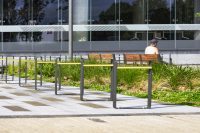 Linea Bicycle Stand (BST07) in Textura Monument with Brilliant Yellow insert.