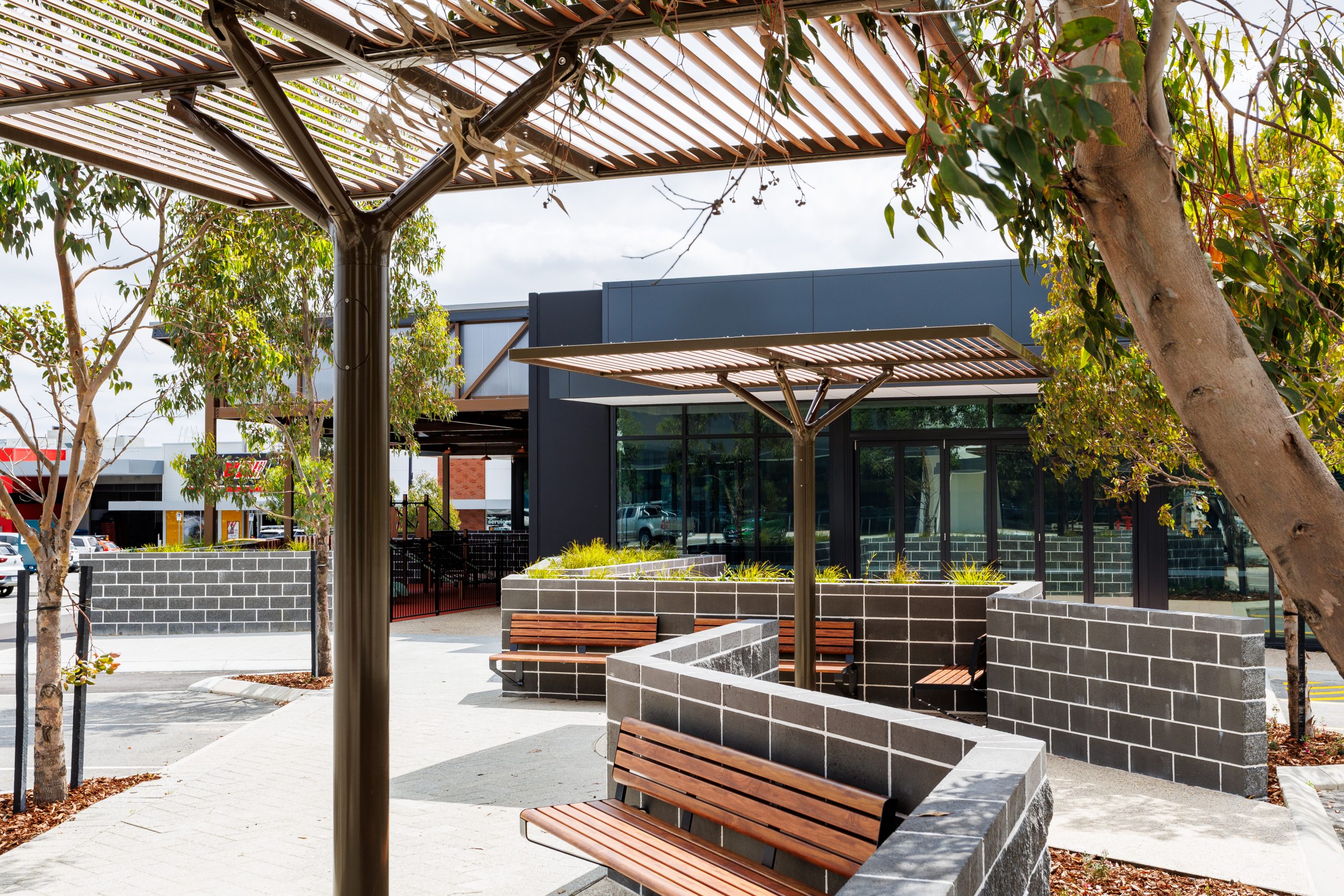 ChillOUT Tree with aluminium spotted gum louvres and duratec eternity bronze trunk, Linea wall mounted seats in aluminium spotted gum and charcoal frame