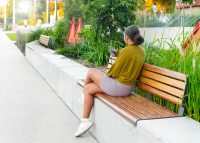 Linea Seat (LIS10, 2100mm) plinth-fixed with aluminium woodgrain Spotted Gum battens, Monument frame.