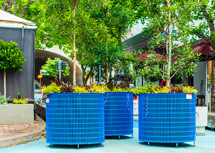 Frame Planter, tailored round 1000x800mm, in Bondi Blue with Slot perforation and adjustable feet.