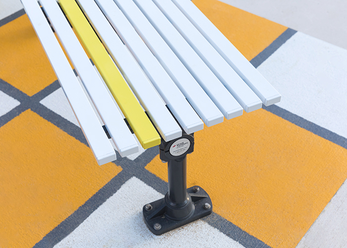 Classic Galleria Mitred Slim Bench, battens in Woodland Grey, Pearl White and Brilliant Yellow, Night Sky frame.