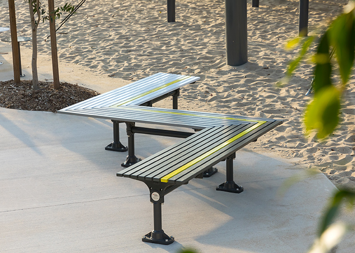 Classic Galleria Mitred Slim Bench, battens in Woodland Grey, Pearl White and Brilliant Yellow, Night Sky frame.