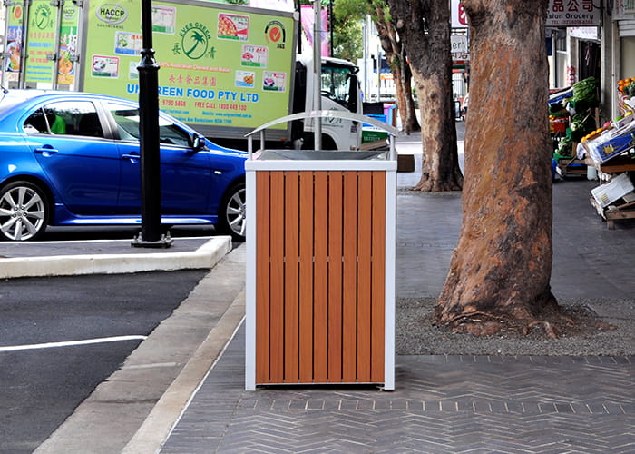 Frame Bin Enclosure with aluminium woodgrain Bush Cherry battens, Palladium Silver frame.