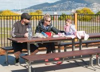 Mall Table, wheelchair access on one end, Jarrah battens and Palladium Silver frame.
