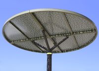ChillOUT Tree (CT1) powered, with flat circular roof in Textura Woodland Grey and Champagne perforated panels in Pale Eucalypt Green.