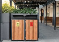 Frame Bin Enclosure (WBE-nF240) dual 240L with aluminium Spotted Gum battens, Textura Night Sky frame.