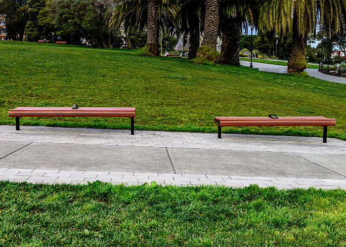 Classic Plaza Benches with legs tailored to level on a slope.