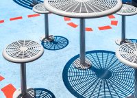 Cafe Round Table (T1) and Cafe Stool (S1) in Palladium Silver.