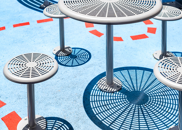 Cafe Round Table (T1) and Cafe Stool (S1) in Palladium Silver.