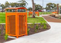 Frame Bin Enclosure (WBE-1F120-PAN) with Sensation Orange panels in Holes perforation, Curved roof.