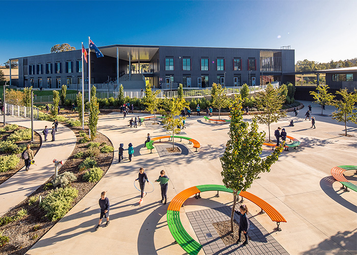 Mall Curved Slim Bench (CMM8-C) with Sensation Orange, Shamrock and Viper Green battens, Palladium Silver frames. Photo: Taylor Brammer, Phillip Hayson, Photosource.