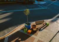 Mall Seat, Frame Planter and Linea Cubes in aluminium Spotted Gum, Lycra Strip Green, Bondi Blue, Sensation Orange and Textura Monument.