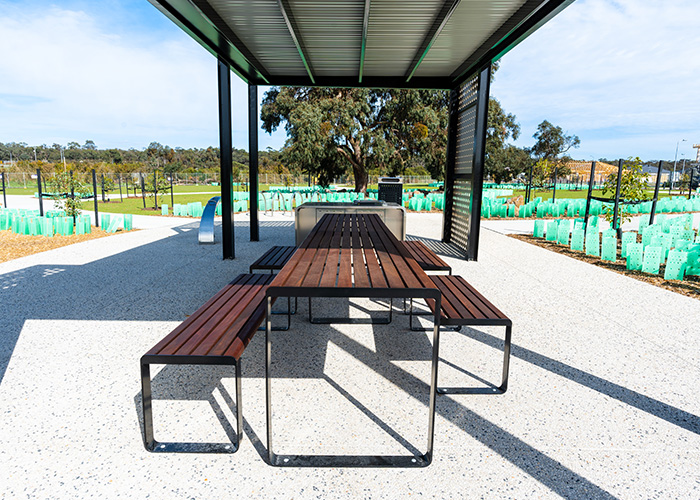 Linea DDA Table (LIT10-DDA, 2100mm) with Linea Benches, hardwood battens, Night Sky frame.