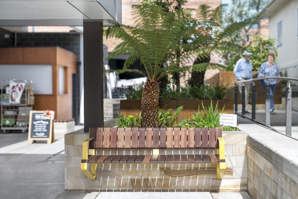 VT Seat (LVS10) 1800mm, wall mounted with Jarrah hardwood battens and Mustard Satin frame