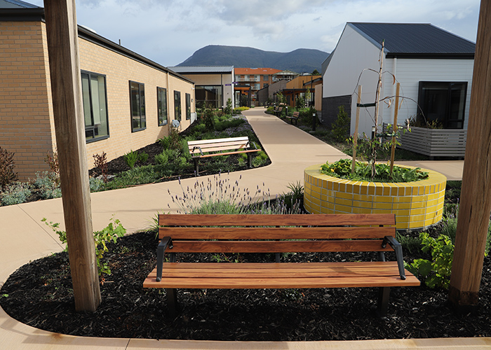 Park DDA Seats (PS7-DDA) with aluminium woodgrain Spotted Gum battens, Night Sky frames.