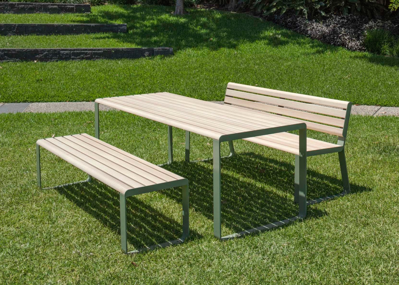 Linea Table (LIT10, 2200mm) with Seat and Bench, aluminium Curly Birch battens, Pale Eucalypt frame.