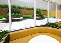 Mall Mitred Slim Bench, in Brilliant Yellow and Lycra Strip, and Mall Seat, in Viper Green.