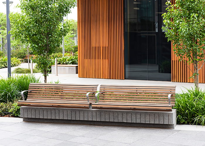 Plinth-mounted Classic Galleria Seats, eco-certified Jarrah hardwood battens, Palladium Silver frame.