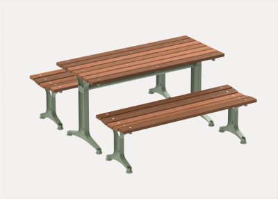 Park Table and Park Benches (1500mm) with Tee legs, eco-certified hardwood battens and Pale Eucalypt frames.