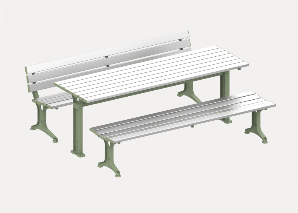 Park Table (2100mm) with Pedestal legs, Park Seat and Park Bench (2100mm) with Tee legs, aluminium anodised battens and Pale Eucalypt frames.