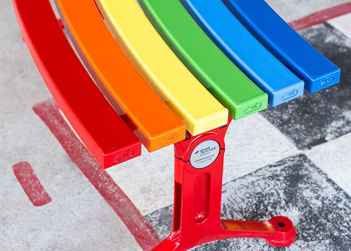 Mall Curved Slim Bench in DuraBright Lobster Red, Orange, Yellow, Viper Green, Bondi Blue and Jaybird.