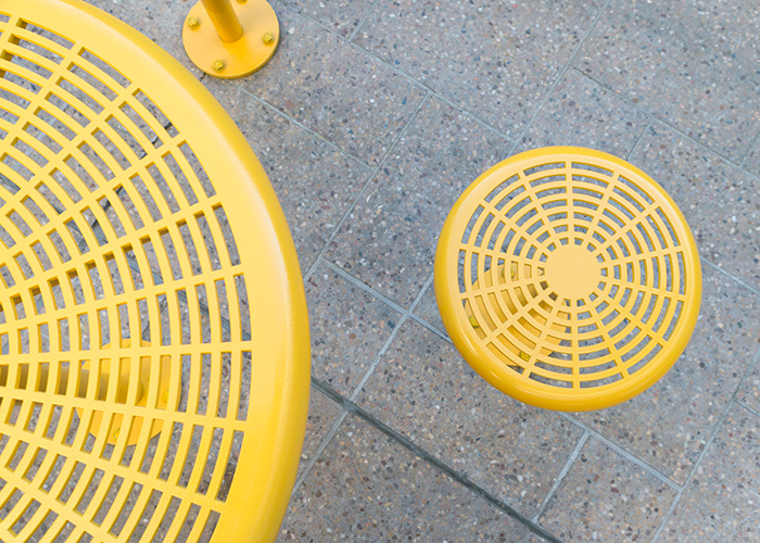Cafe Round Tables and Stools, powdercoated in Safety Yellow.