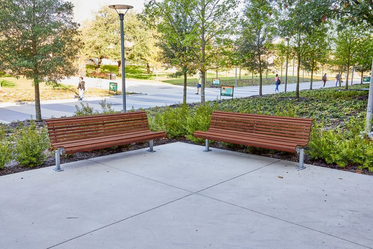 Classic Plaza Seat (CMP1) with eco-certified hardwood battens and Palladium Silver frame.