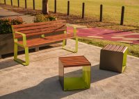 Linea Seat (LIS10) and Cube (LIC6) with aluminium Spotted Gum, Lycra Strip and Textura Woodland Grey.