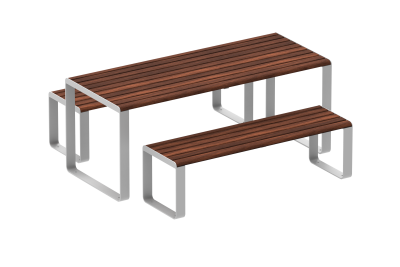 Linea Table (1900mm) and Linea Bench (1500mm) with aluminium Bush Cherry battens and Palladium Silver frame.