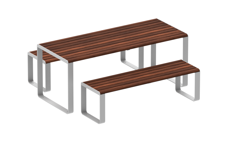 Linea Table (1900mm) and Linea Bench (1500mm) with aluminium Bush Cherry battens and Palladium Silver frame.